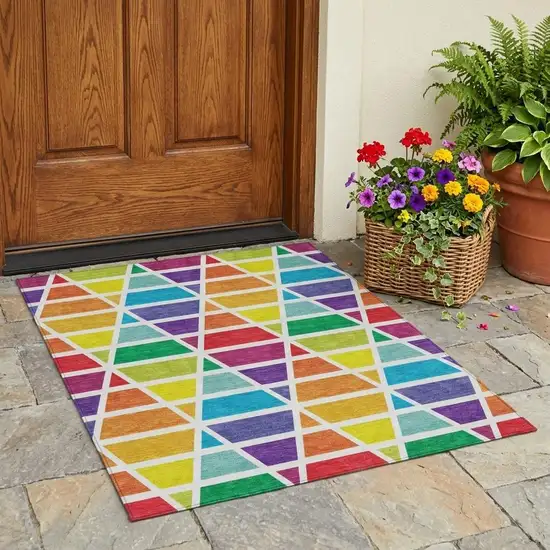 Orange And White Geometric Washable Indoor Outdoor Area Rug Photo 1