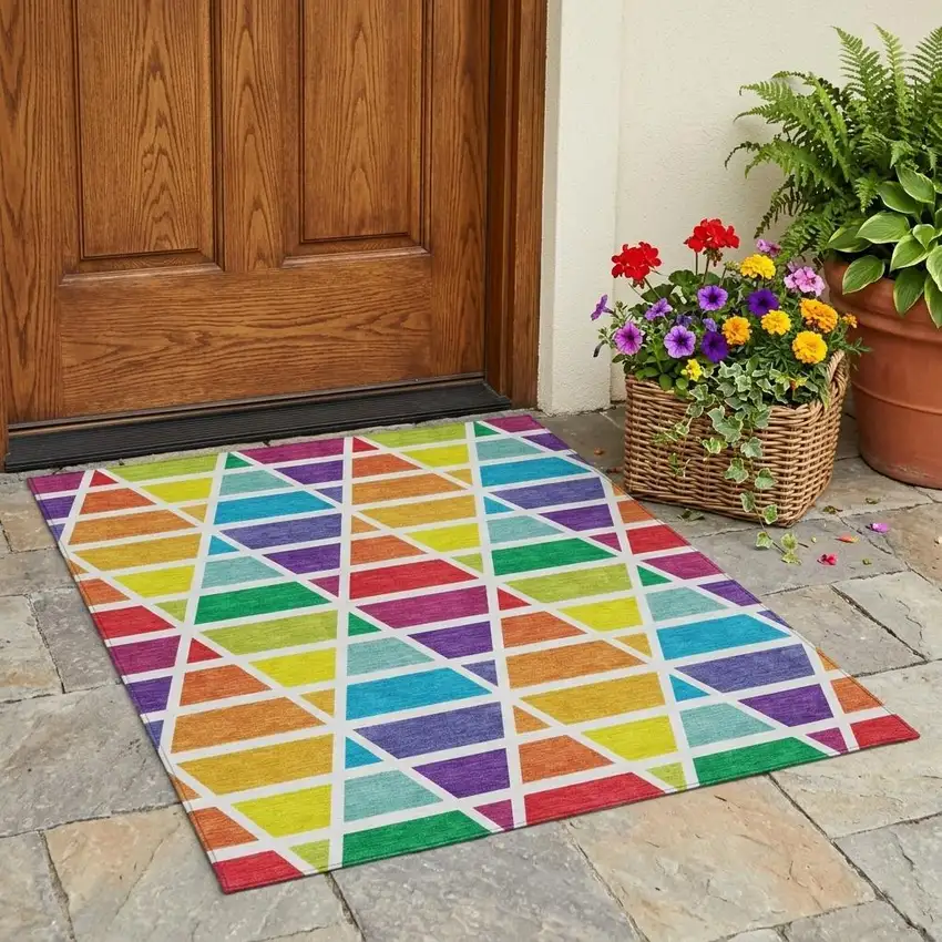 Orange And White Geometric Washable Indoor Outdoor Area Rug Photo 1