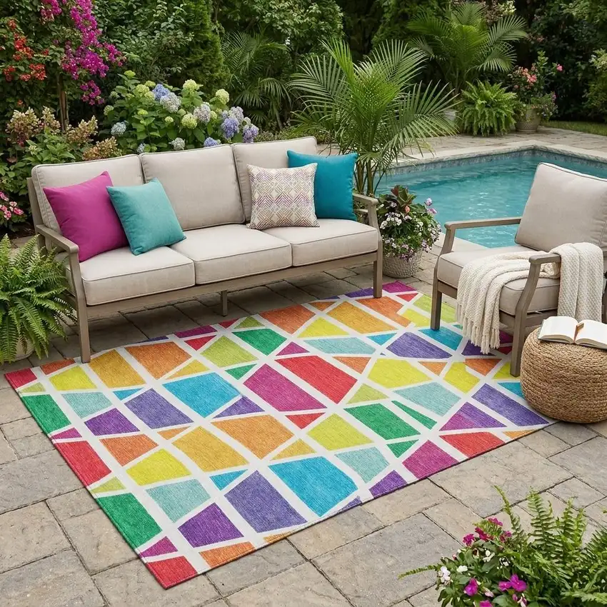 Orange And White Geometric Washable Indoor Outdoor Area Rug Photo 1