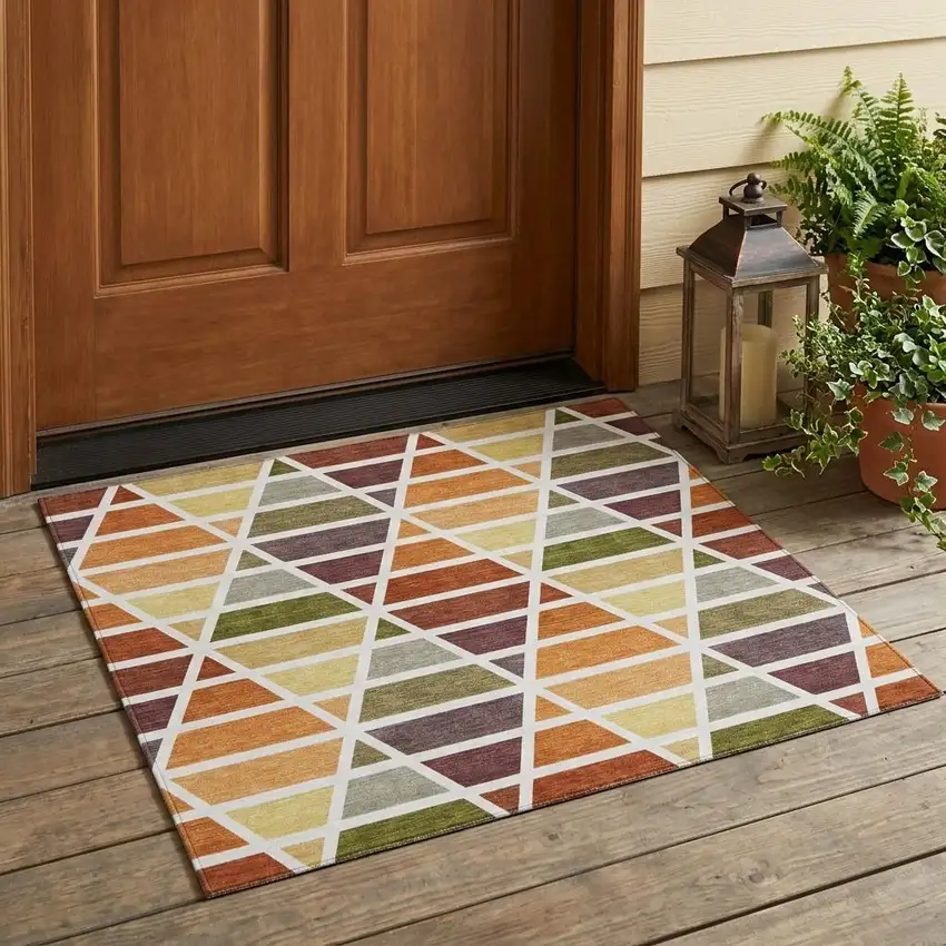Orange And White Geometric Washable Indoor Outdoor Area Rug Photo 1