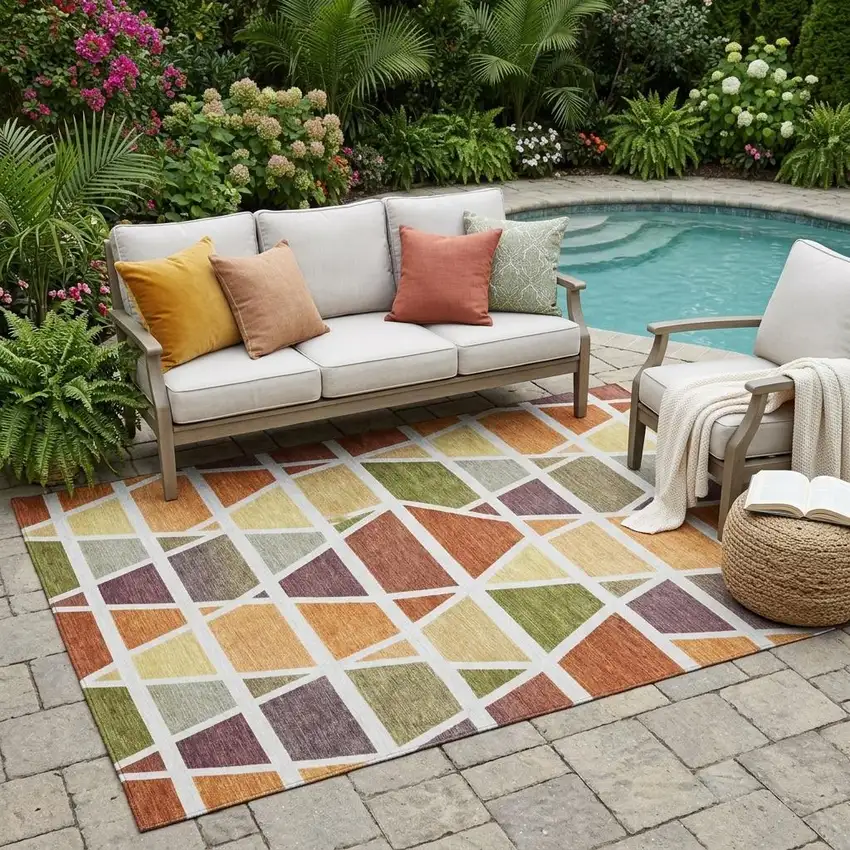 Orange And White Geometric Washable Indoor Outdoor Area Rug Photo 1
