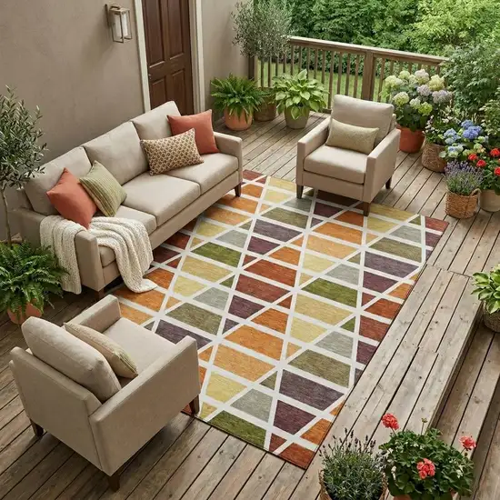 Orange And White Geometric Washable Indoor Outdoor Area Rug Photo 1