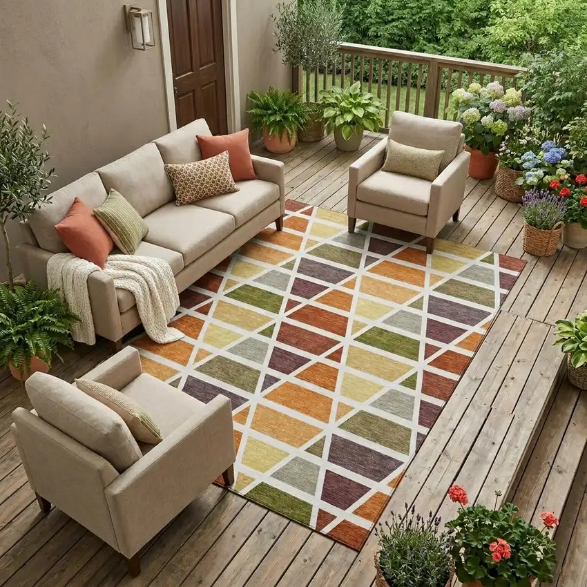 Orange And White Geometric Washable Indoor Outdoor Area Rug Photo 1