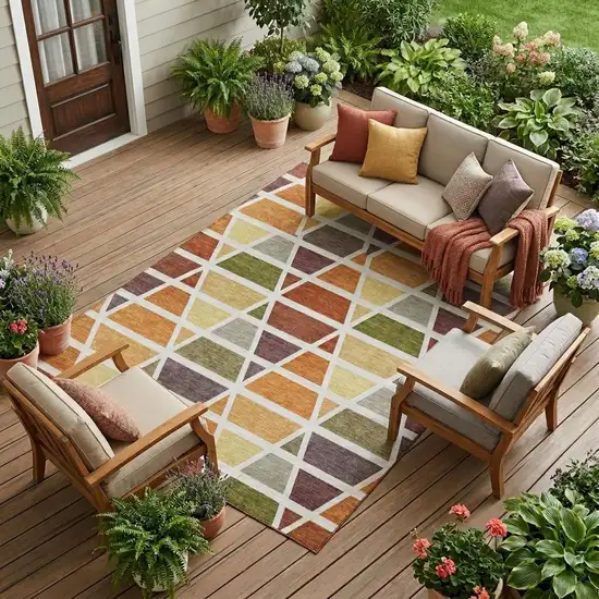 Orange And White Geometric Washable Indoor Outdoor Area Rug Photo 1