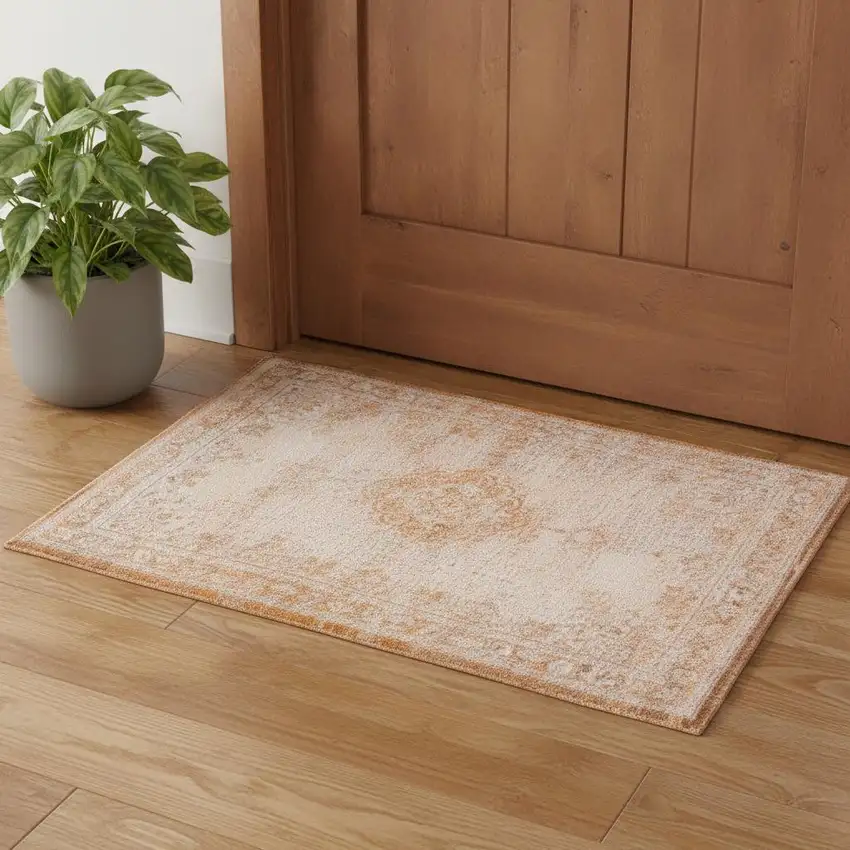 Orange And White Medallion ,Washable, Area Rug Photo 1