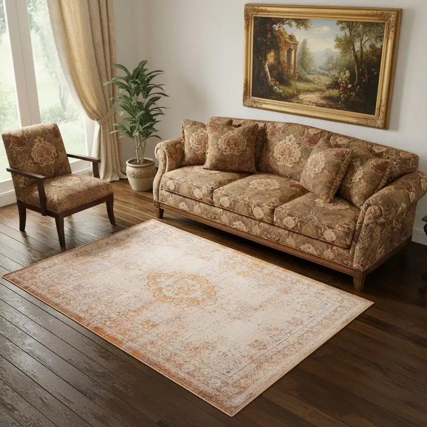 Orange And White Medallion ,Washable, Area Rug Photo 1