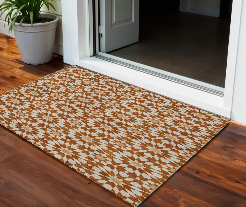 Orange Beige And Copper Floral Medallion Washable Indoor Outdoor Area Rug Photo 1