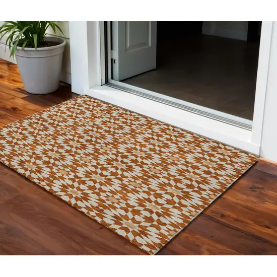 Orange Beige And Copper Floral Medallion Washable Indoor Outdoor Area Rug Photo 1