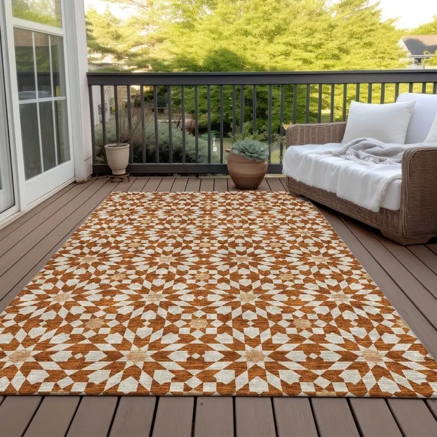 Orange Beige And Copper Floral Medallion Washable Indoor Outdoor Area Rug Photo 8