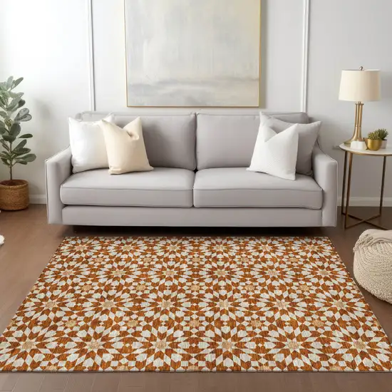 Orange Beige And Copper Floral Medallion Washable Indoor Outdoor Area Rug Photo 9