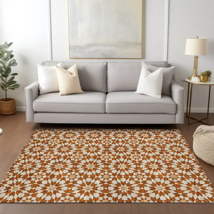 Orange Beige And Copper Floral Medallion Washable Indoor Outdoor Area Rug Photo 9