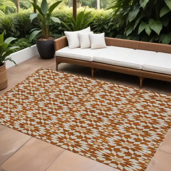 Orange Beige And Copper Floral Medallion Washable Indoor Outdoor Area Rug Photo 1