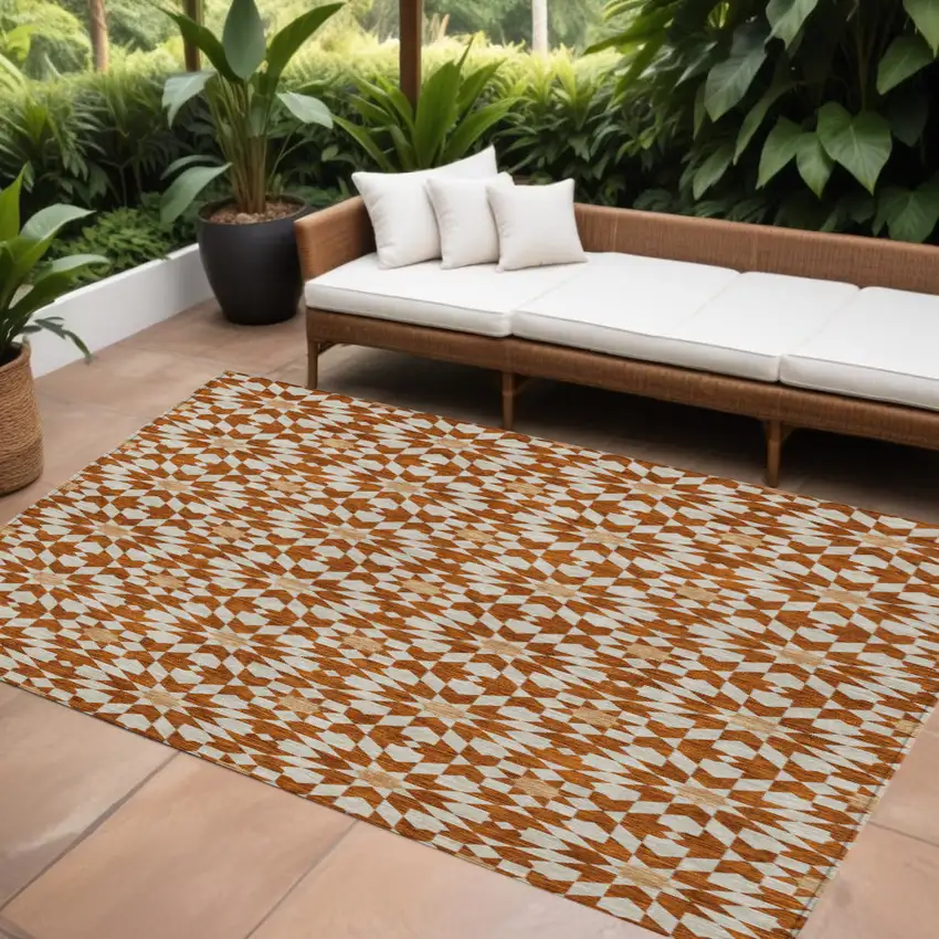 Orange Beige And Copper Floral Medallion Washable Indoor Outdoor Area Rug Photo 1