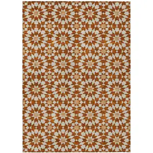 Photo of Orange Beige And Copper Floral Medallion Washable Indoor Outdoor Area Rug
