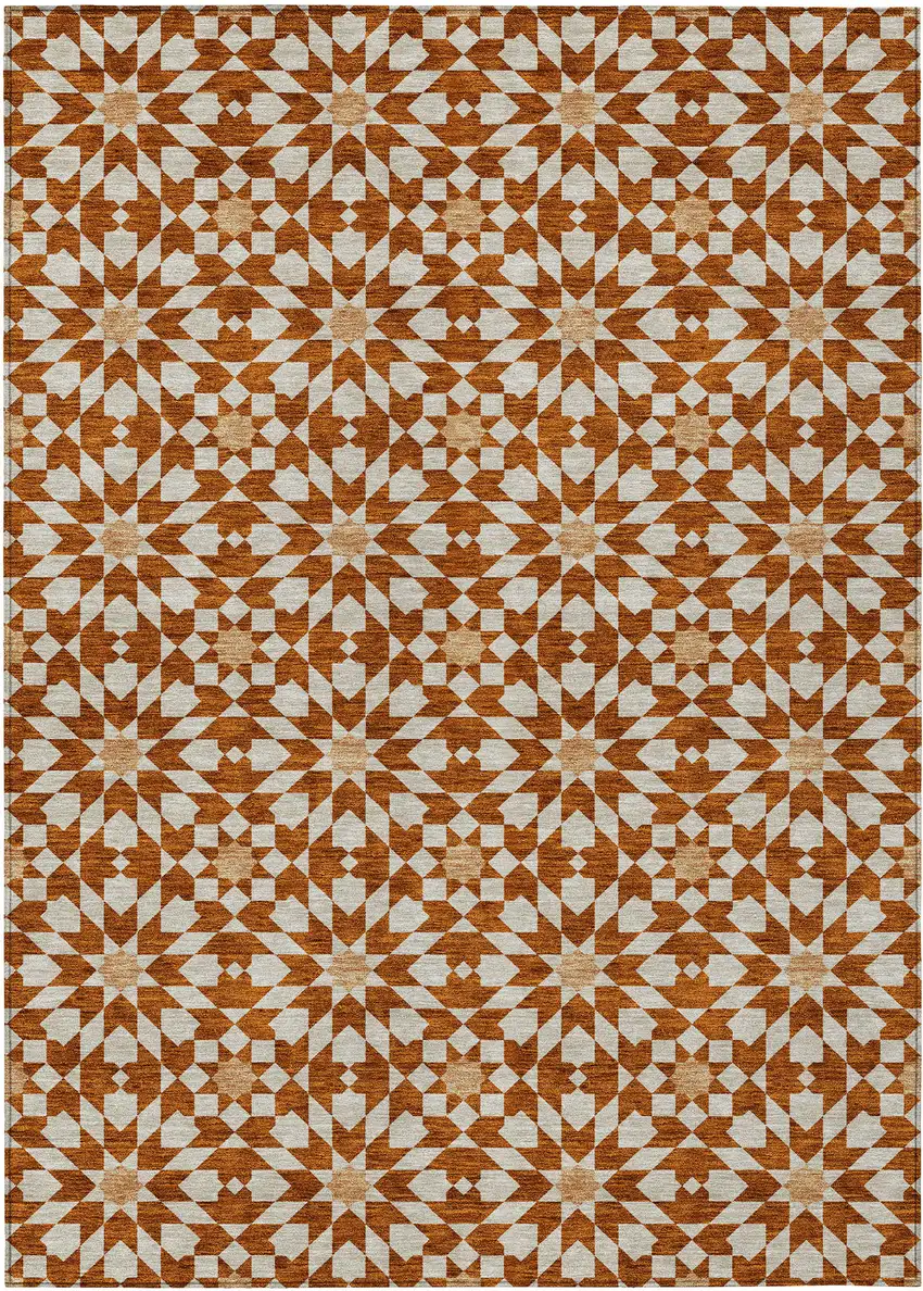 Orange Beige And Copper Floral Medallion Washable Indoor Outdoor Area Rug Photo 1