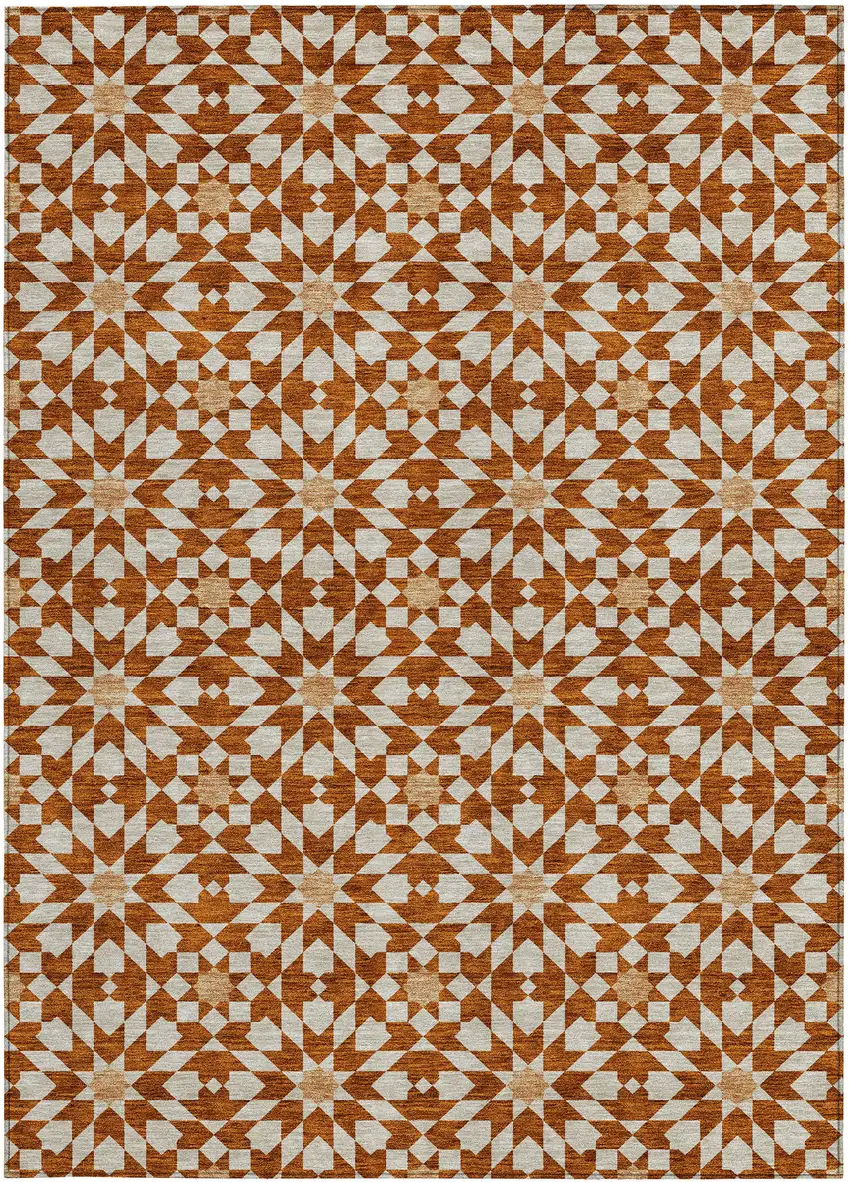 Orange Beige And Copper Floral Medallion Washable Indoor Outdoor Area Rug Photo 6