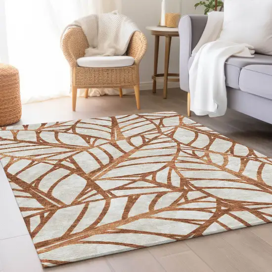 Orange Beige And Copper Floral Washable Indoor Outdoor Area Rug Photo 8
