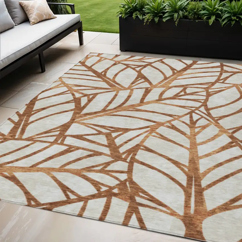 Orange Beige And Copper Floral Washable Indoor Outdoor Area Rug Photo 1