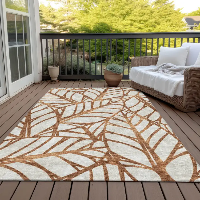 Orange Beige And Copper Floral Washable Indoor Outdoor Area Rug Photo 8