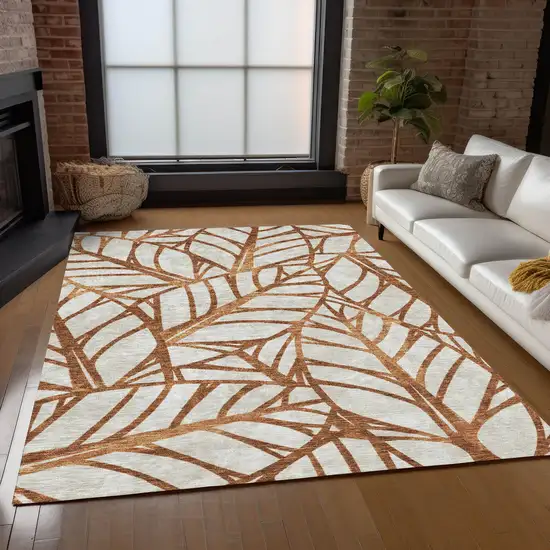 Orange Beige And Copper Floral Washable Indoor Outdoor Area Rug Photo 9