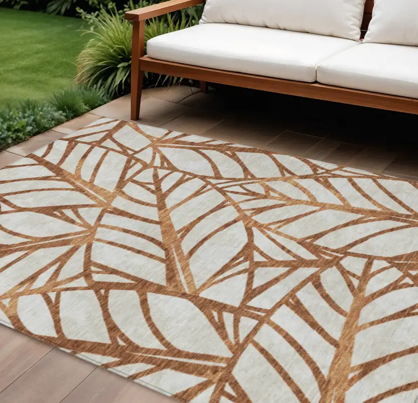 Orange Beige And Copper Floral Washable Indoor Outdoor Area Rug Photo 1