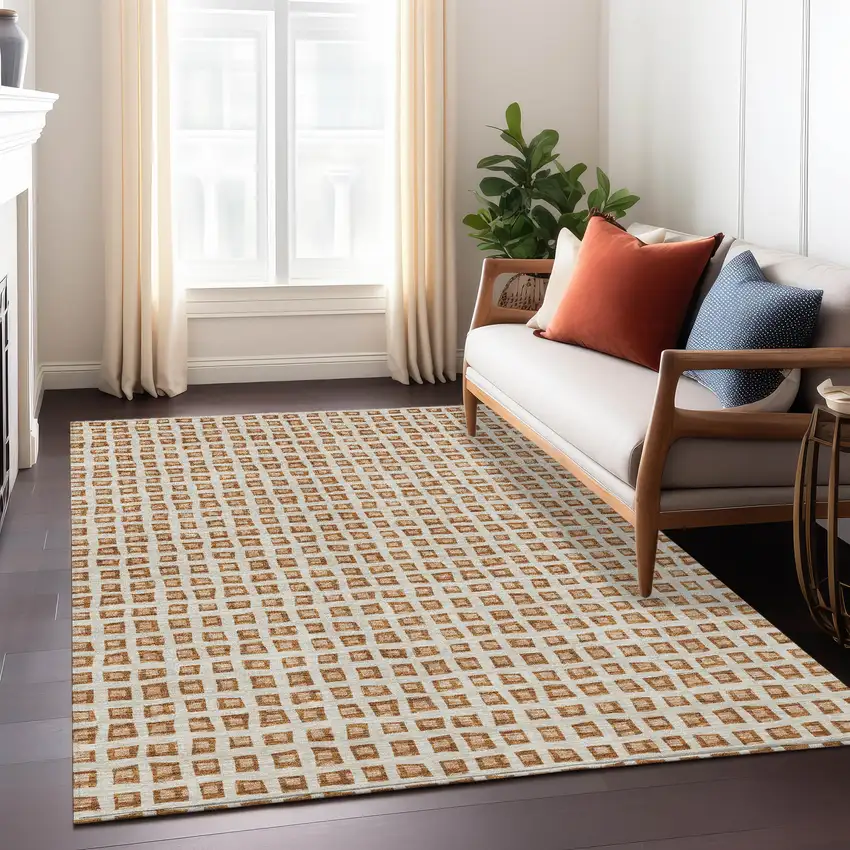 Orange Beige And Copper Geometric Washable Indoor Outdoor Area Rug Photo 9