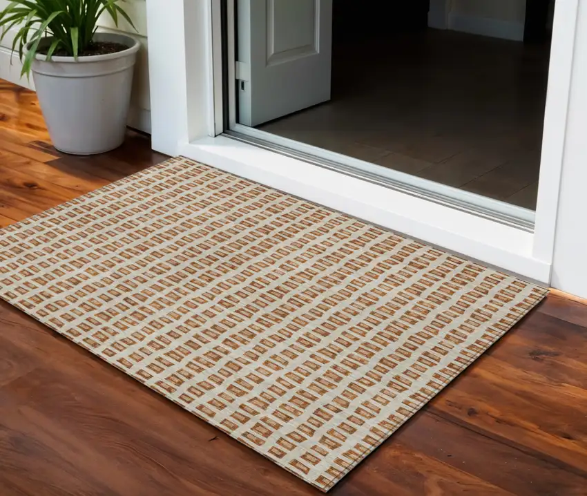 Orange Beige And Copper Geometric Washable Indoor Outdoor Area Rug Photo 1