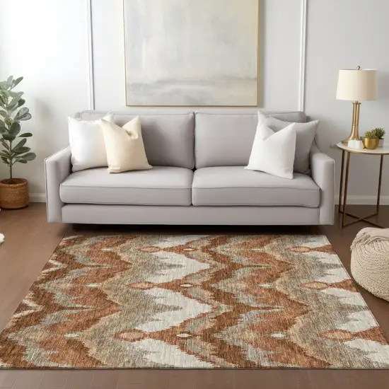 Orange Beige And Copper Ikat Washable Indoor Outdoor Area Rug Photo 9