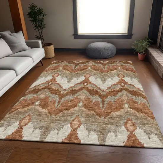 Orange Beige And Copper Ikat Washable Indoor Outdoor Area Rug Photo 8