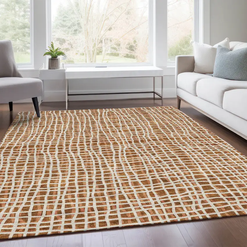 Orange Beige And Copper Striped Washable Indoor Outdoor Area Rug Photo 9