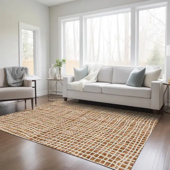 Orange Beige And Copper Striped Washable Indoor Outdoor Area Rug Photo 9