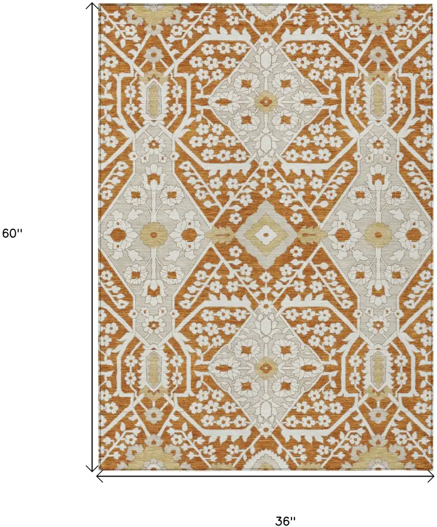 Orange Beige And Gold Floral Washable Indoor Outdoor Area Rug Photo 3