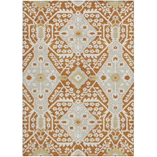 Orange Beige And Gold Floral Washable Indoor Outdoor Area Rug Photo 8