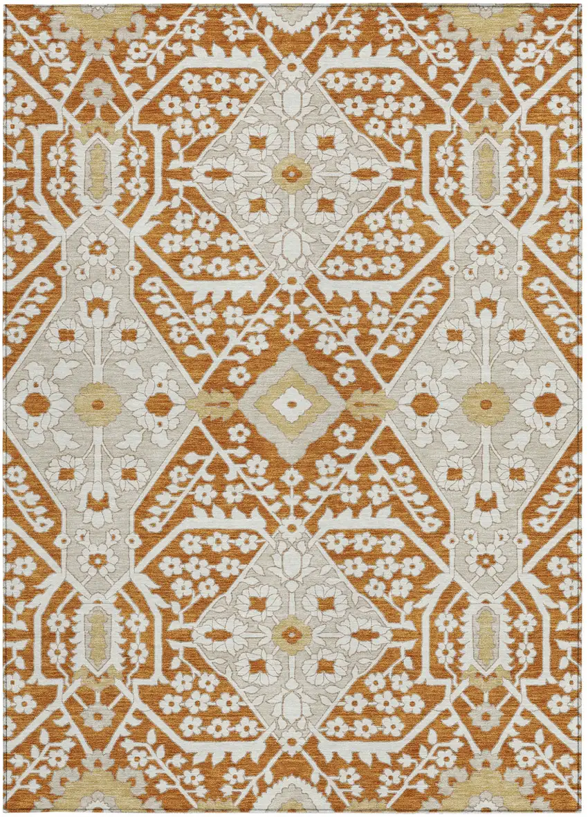 Orange Beige And Gold Floral Washable Indoor Outdoor Area Rug Photo 8