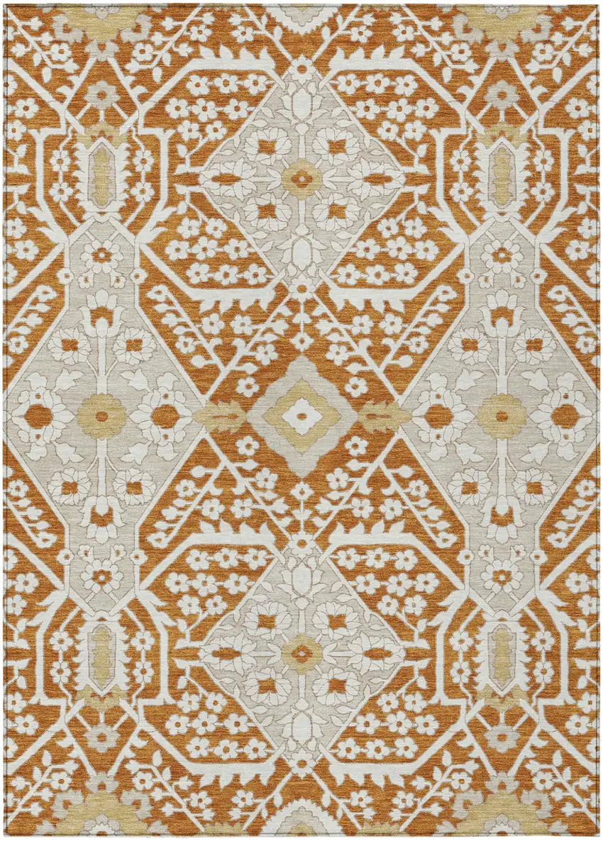 Orange Beige And Gold Floral Washable Indoor Outdoor Area Rug Photo 2