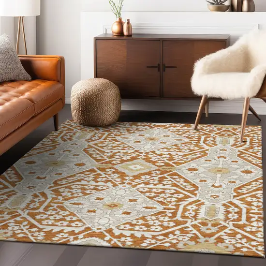 Orange Beige And Gold Floral Washable Indoor Outdoor Area Rug Photo 9