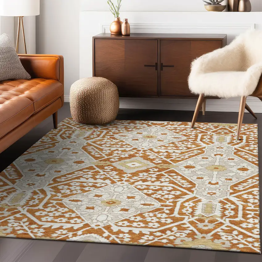 Orange Beige And Gold Floral Washable Indoor Outdoor Area Rug Photo 9