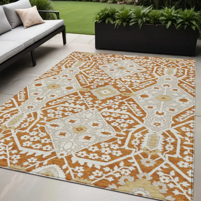 Orange Beige And Gold Floral Washable Indoor Outdoor Area Rug Photo 1