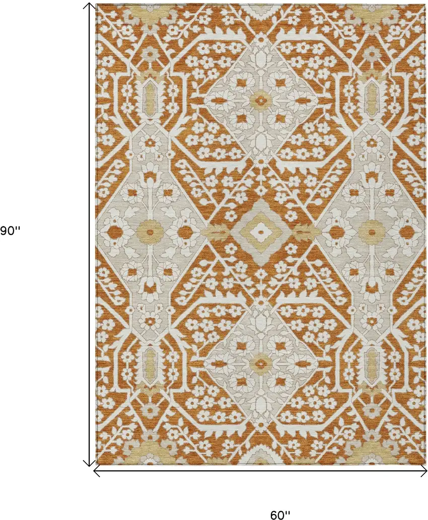 Orange Beige And Gold Floral Washable Indoor Outdoor Area Rug Photo 3