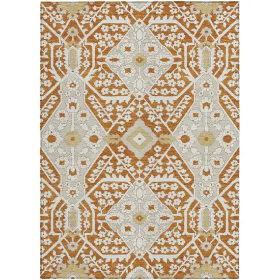 Orange Beige And Gold Floral Washable Indoor Outdoor Area Rug Photo 7