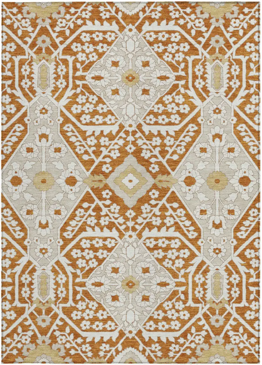 Orange Beige And Gold Floral Washable Indoor Outdoor Area Rug Photo 7