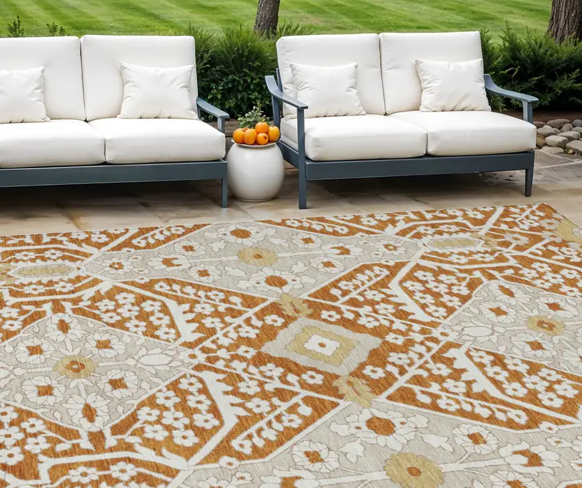 Orange Beige And Gold Floral Washable Indoor Outdoor Area Rug Photo 1