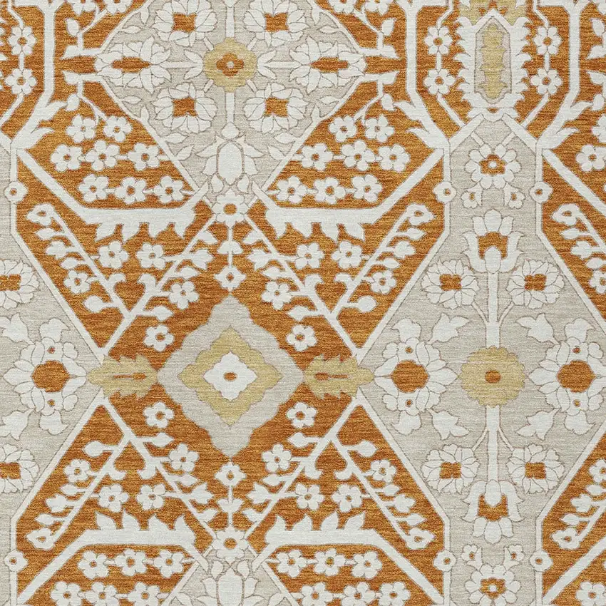 Orange Beige And Gold Floral Washable Indoor Outdoor Area Rug Photo 6