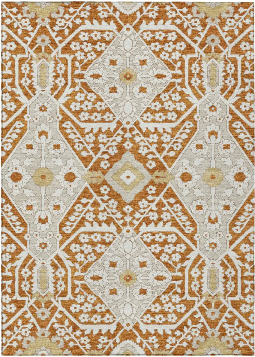 Orange Beige And Gold Floral Washable Indoor Outdoor Area Rug Photo 2