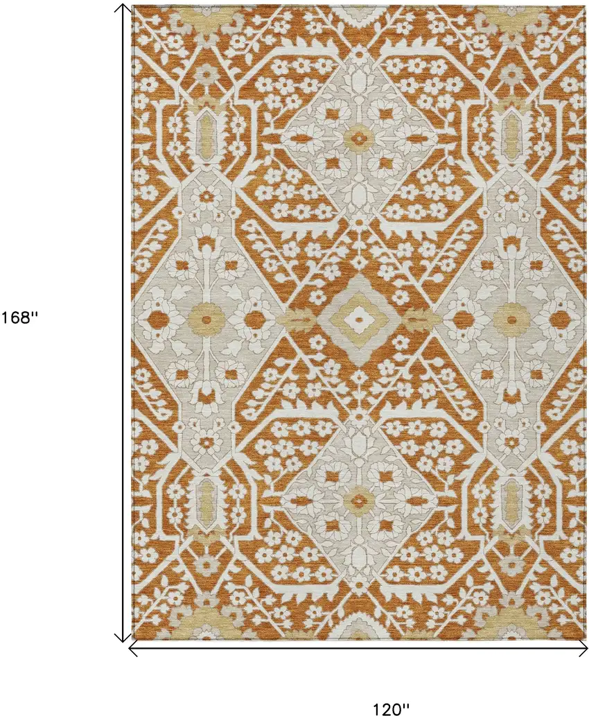 Orange Beige And Gold Floral Washable Indoor Outdoor Area Rug Photo 3