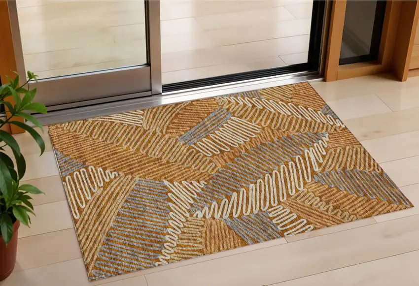 Orange Beige And Gray Floral Washable Indoor Outdoor Area Rug Photo 1