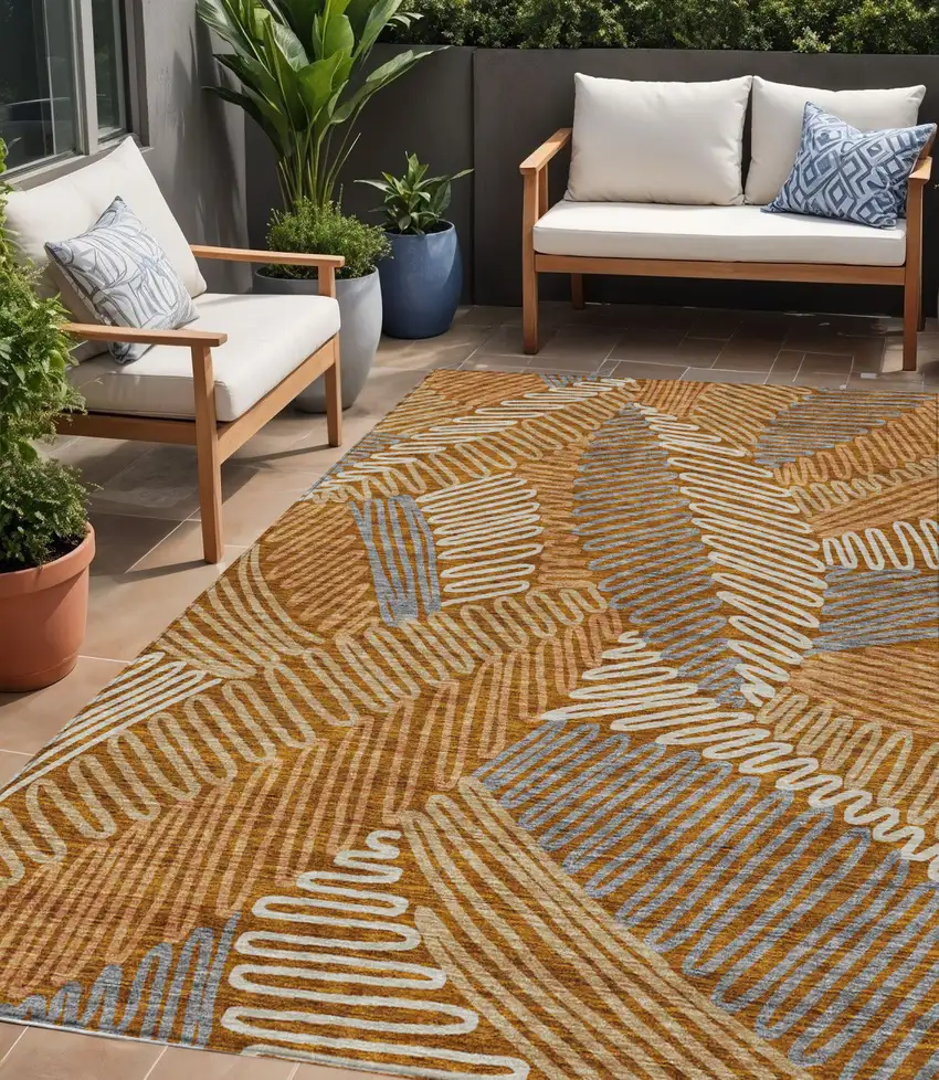 Orange Beige And Gray Floral Washable Indoor Outdoor Area Rug Photo 1