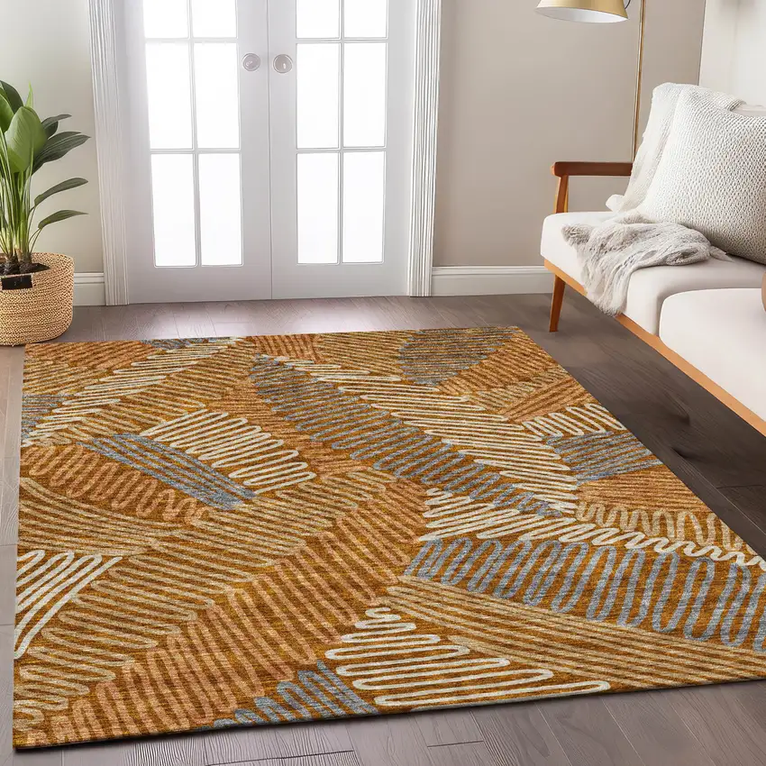 Orange Beige And Gray Floral Washable Indoor Outdoor Area Rug Photo 9