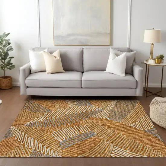 Orange Beige And Gray Floral Washable Indoor Outdoor Area Rug Photo 9