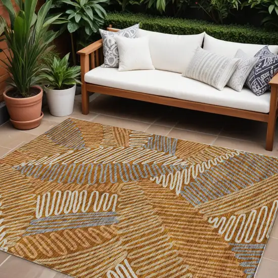 Orange Beige And Gray Floral Washable Indoor Outdoor Area Rug Photo 1